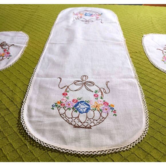 Vtg Hand Embroidered Floral Baskets Dining Table Server Buffet Linen 3 Piece Set - Picture 1 of 9